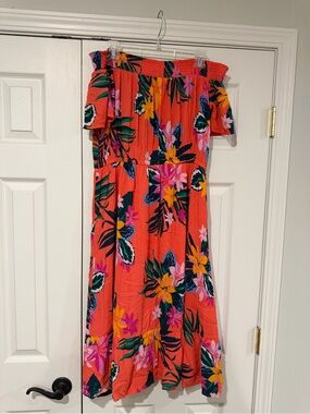 Old Navy Coral Floral Midi Dress with Green & Yellow Print
